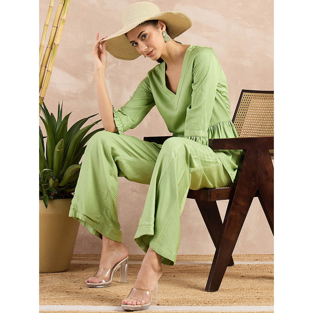 First Resort by Ramola Bachchan Pastel Green V-Neck Peplum Top with Flared Trouser (Set of 2)