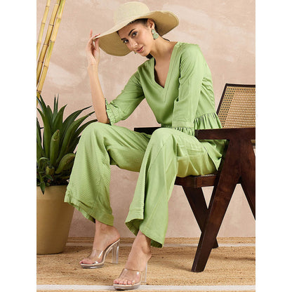 First Resort by Ramola Bachchan Pastel Green V-Neck Peplum Top with Flared Trouser (Set of 2)