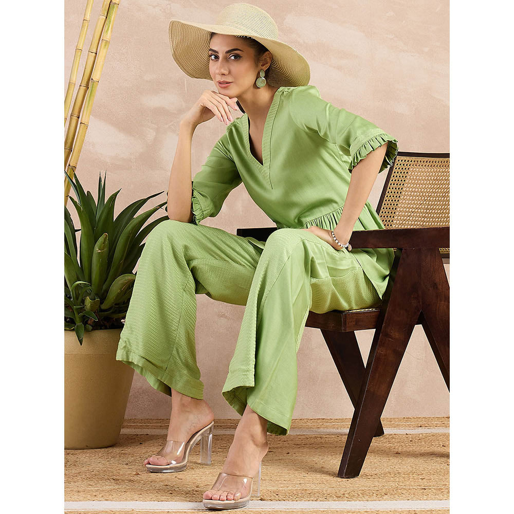 First Resort by Ramola Bachchan Pastel Green V-Neck Peplum Top with Flared Trouser (Set of 2)