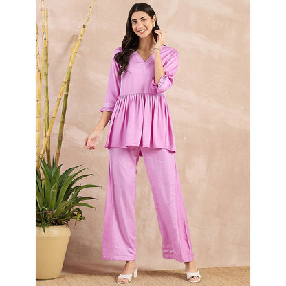 First Resort by Ramola Bachchan Purple V-Neck Peplum Top with Flared Trouser (Set of 2)