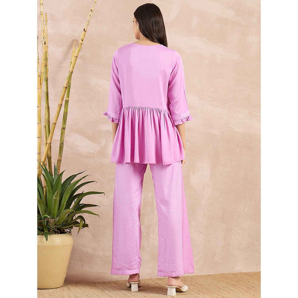 First Resort by Ramola Bachchan Purple V-Neck Peplum Top with Flared Trouser (Set of 2)