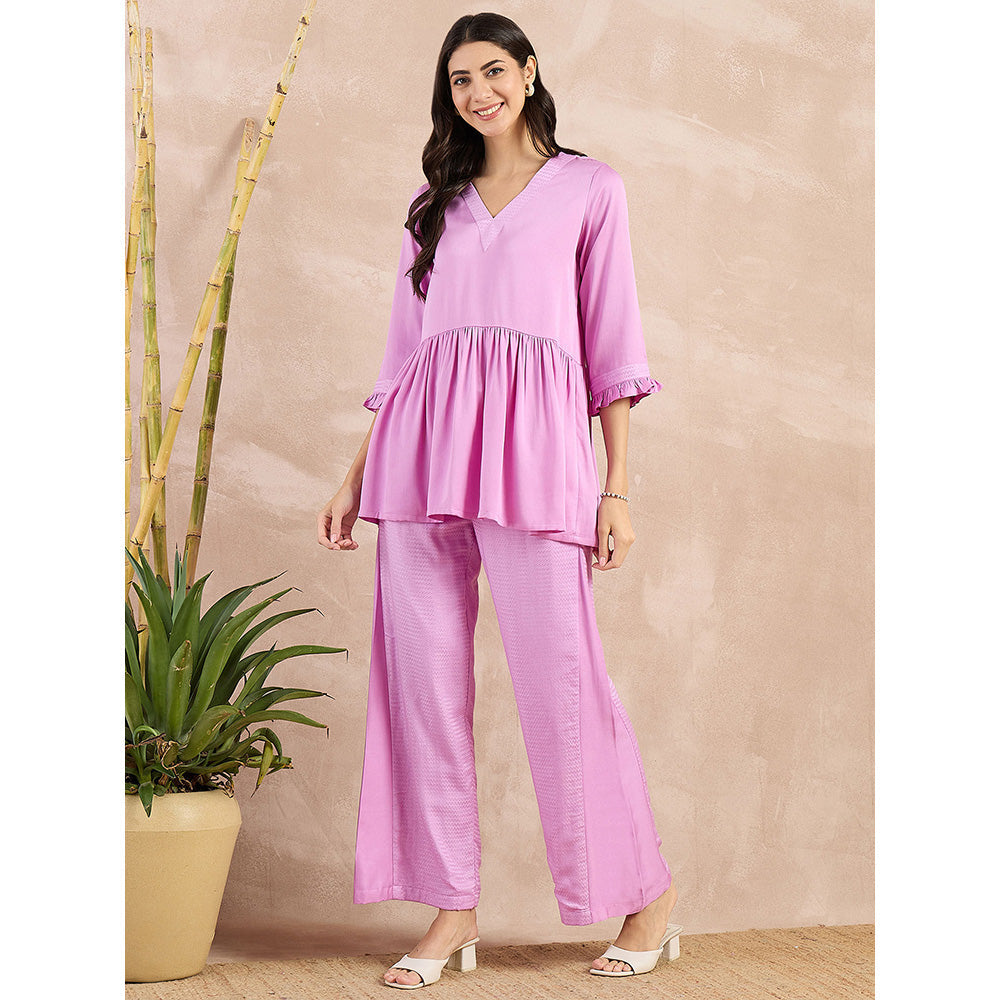 First Resort by Ramola Bachchan Purple V-Neck Peplum Top with Flared Trouser (Set of 2)