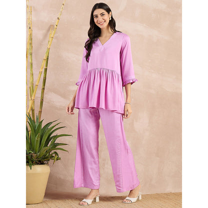 First Resort by Ramola Bachchan Purple V-Neck Peplum Top with Flared Trouser (Set of 2)