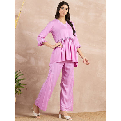First Resort by Ramola Bachchan Purple V-Neck Peplum Top with Flared Trouser (Set of 2)