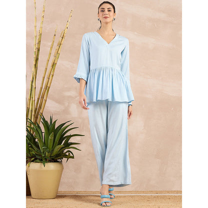 First Resort by Ramola Bachchan Sky Blue V-Neck Peplum Top with Flared Trouser (Set of 2)