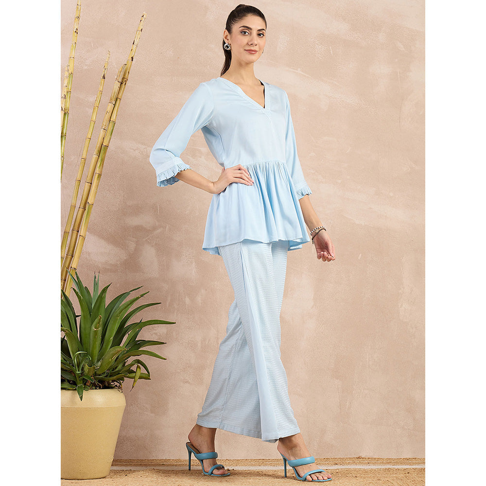 First Resort by Ramola Bachchan Sky Blue V-Neck Peplum Top with Flared Trouser (Set of 2)