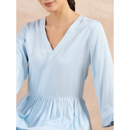 First Resort by Ramola Bachchan Sky Blue V-Neck Peplum Top with Flared Trouser (Set of 2)