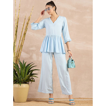 First Resort by Ramola Bachchan Sky Blue V-Neck Peplum Top with Flared Trouser (Set of 2)