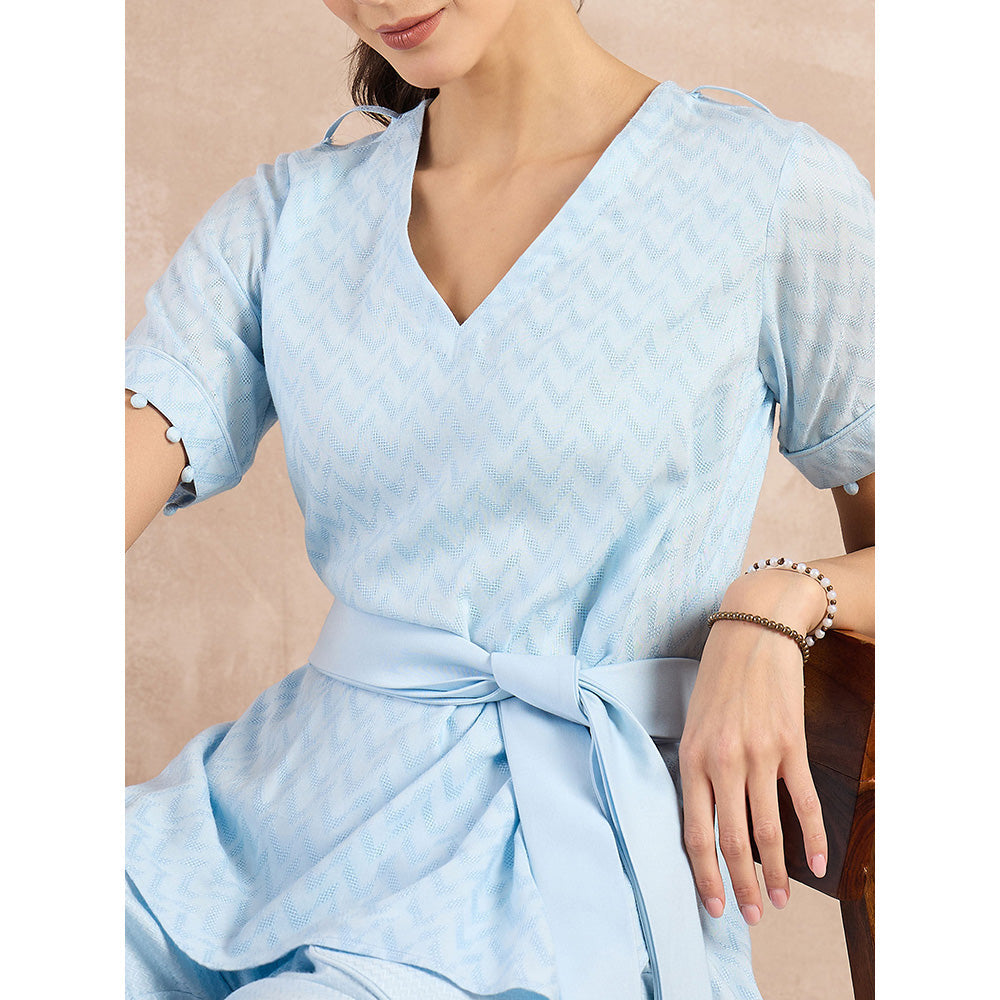 First Resort by Ramola Bachchan Sky Blue Herringbone Self Design Co-Ord (Set of 3)