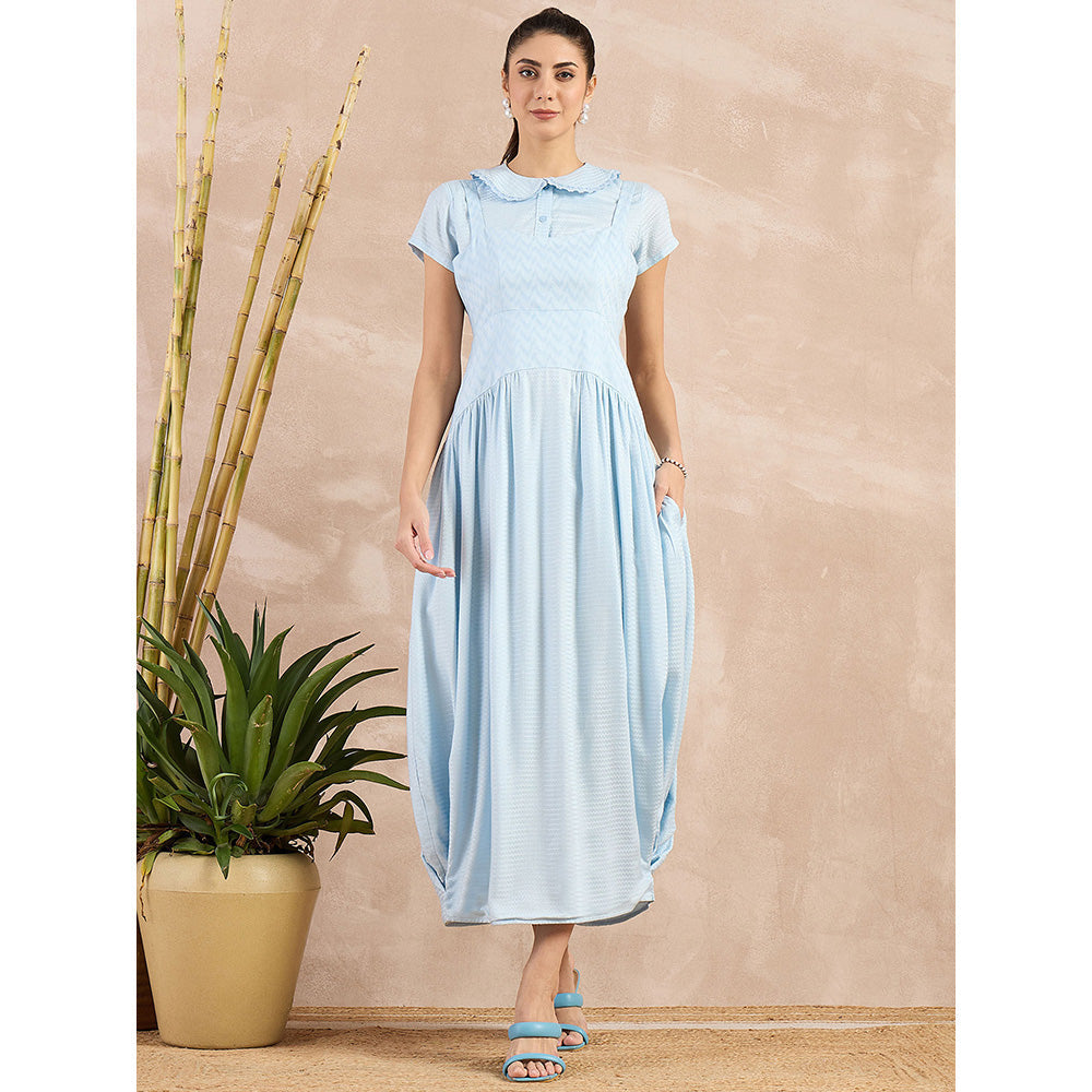 First Resort by Ramola Bachchan Sky Blue Mid Length Dress with Crop Shirt (Set of 2)