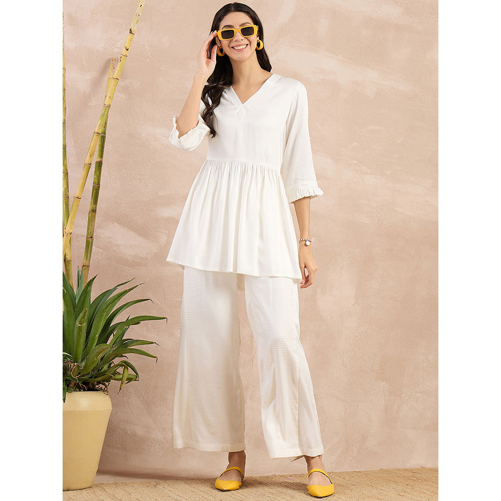 First Resort by Ramola Bachchan White Herringbone V-Neck Peplum Top