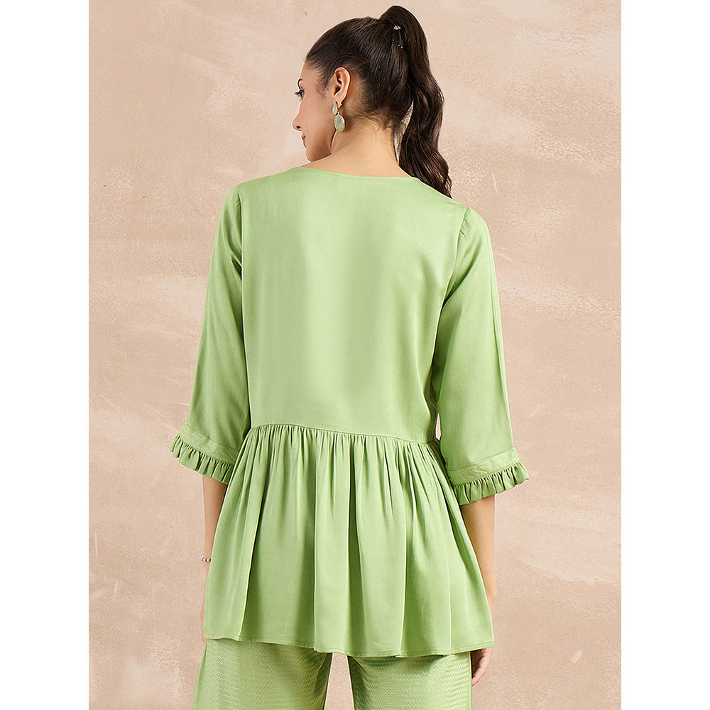 First Resort by Ramola Bachchan Pastel Green Herringbone V-Neck Peplum Top
