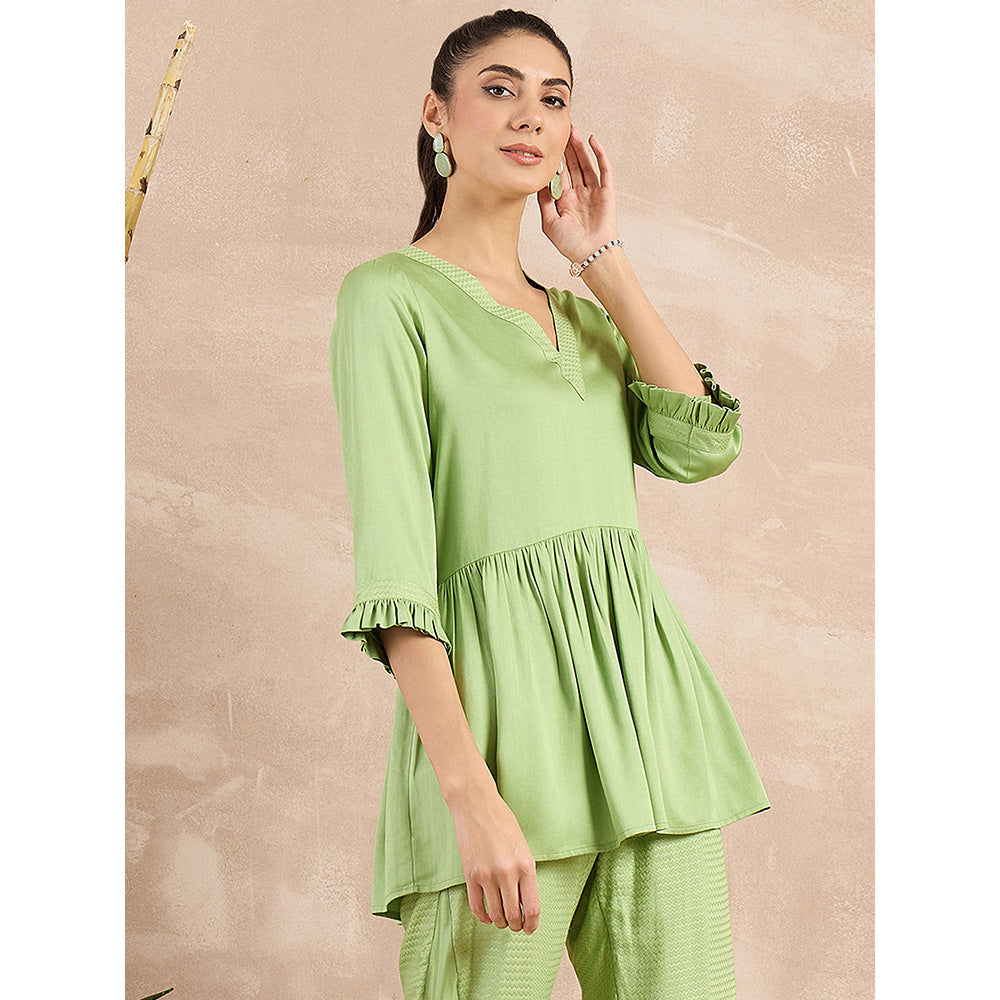 First Resort by Ramola Bachchan Pastel Green Herringbone V-Neck Peplum Top