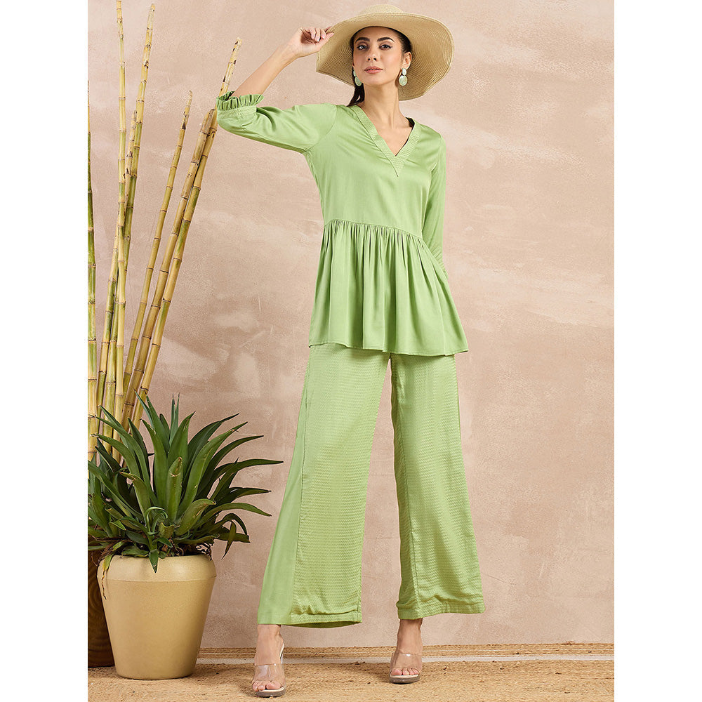 First Resort by Ramola Bachchan Pastel Green Herringbone V-Neck Peplum Top