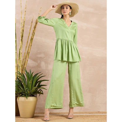 First Resort by Ramola Bachchan Pastel Green Herringbone V-Neck Peplum Top