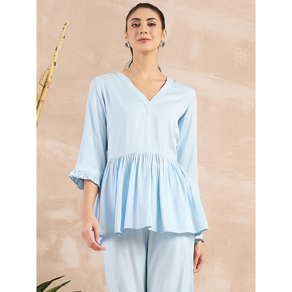 First Resort by Ramola Bachchan Sky Blue Herringbone V-Neck Peplum Top