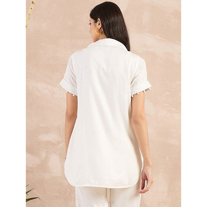 First Resort by Ramola Bachchan White Herringbone High-Low Top With Belt (Set of 2)