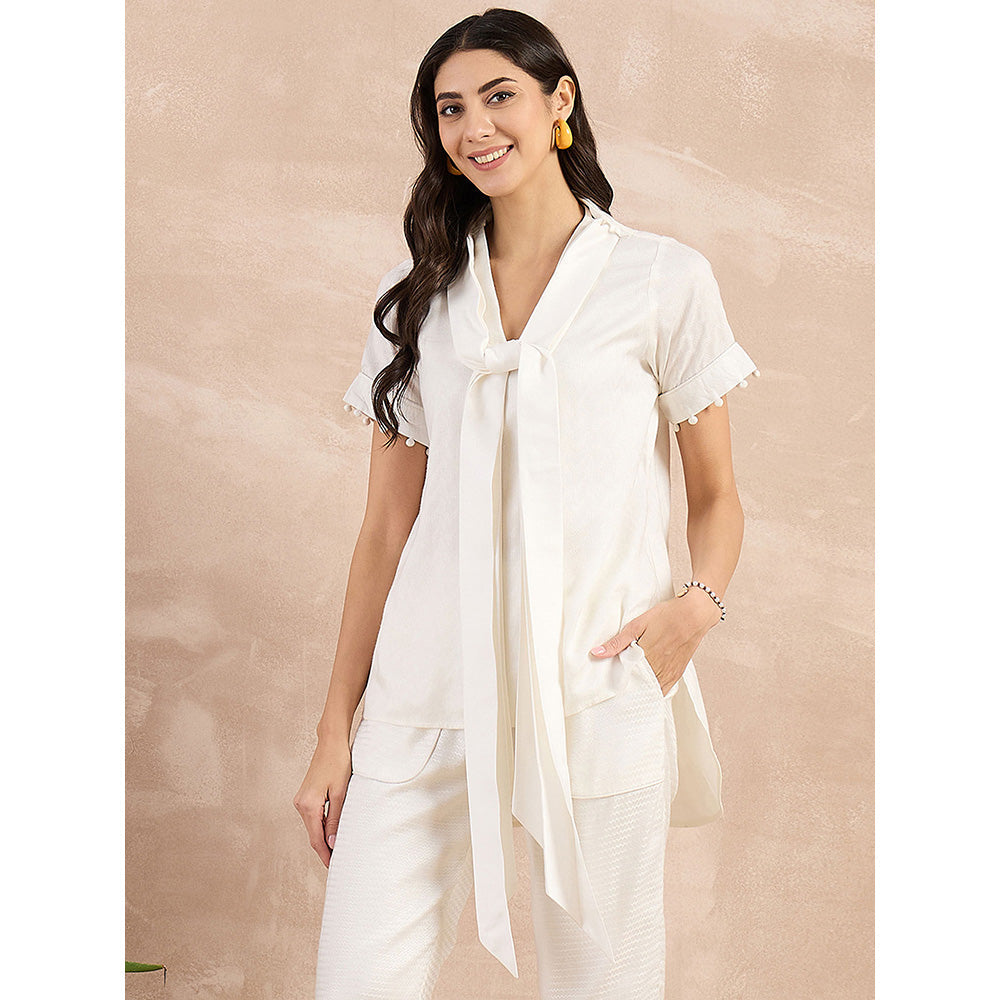 First Resort by Ramola Bachchan White Herringbone High-Low Top With Belt (Set of 2)