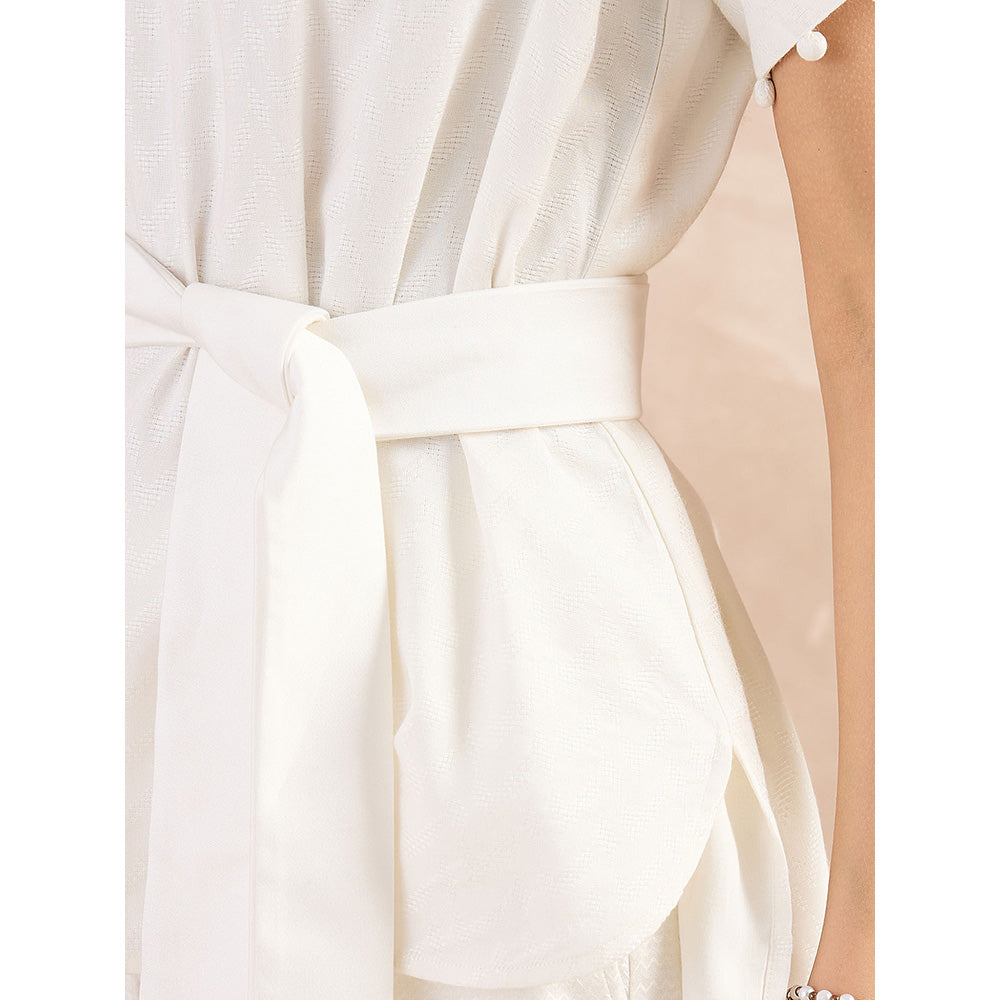 First Resort by Ramola Bachchan White Herringbone High-Low Top With Belt (Set of 2)