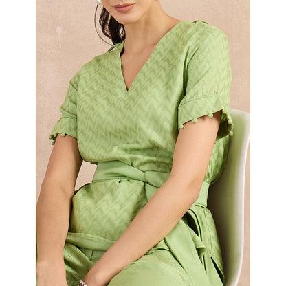 First Resort by Ramola Bachchan Pastel Green Herringbone High-Low Top With Belt (Set of 2)