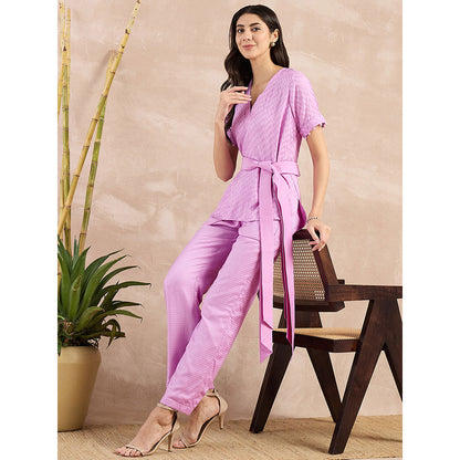 First Resort by Ramola Bachchan Purple Herringbone High-Low Top With Belt (Set of 2)