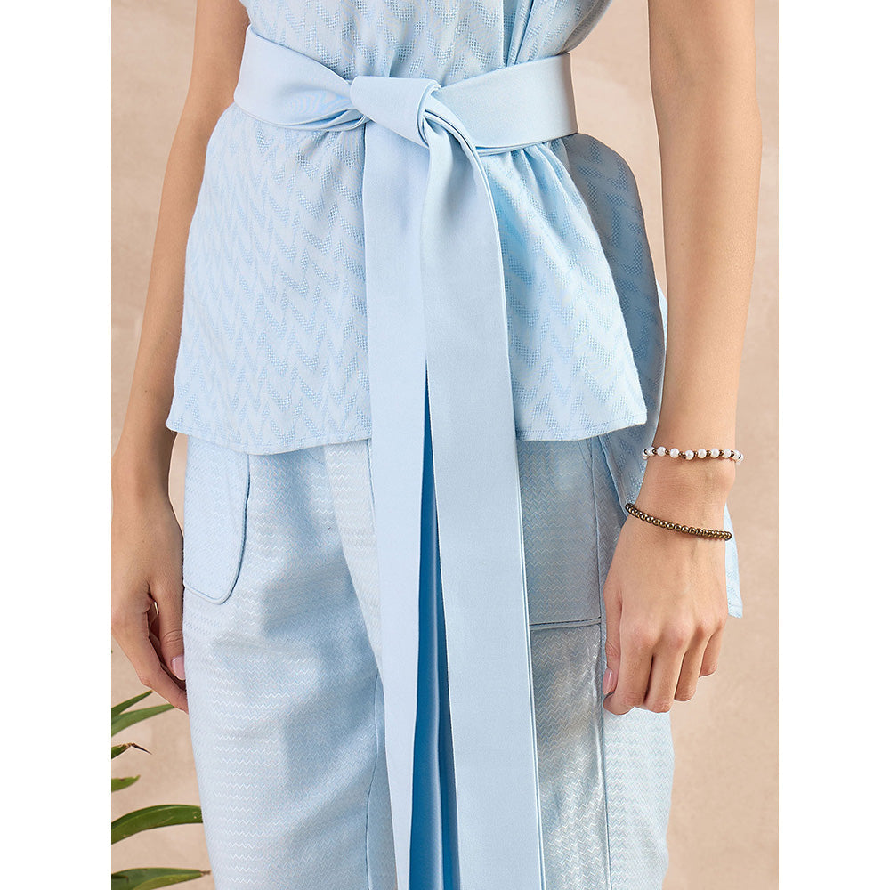 First Resort by Ramola Bachchan Sky Blue Herringbone High-Low Top With Belt (Set of 2)