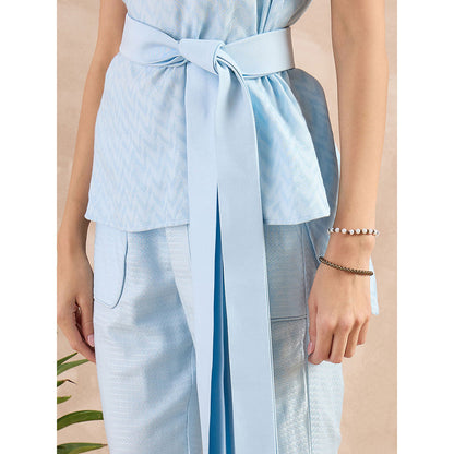 First Resort by Ramola Bachchan Sky Blue Herringbone High-Low Top With Belt (Set of 2)