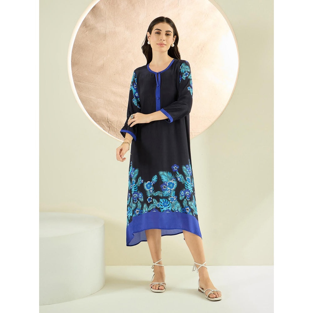 First Resort by Ramola Bachchan Black and Blue Floral Printed Slimline Kaftan Dress