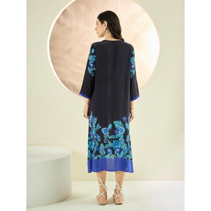 First Resort by Ramola Bachchan Black and Blue Floral Printed Slimline Kaftan Dress