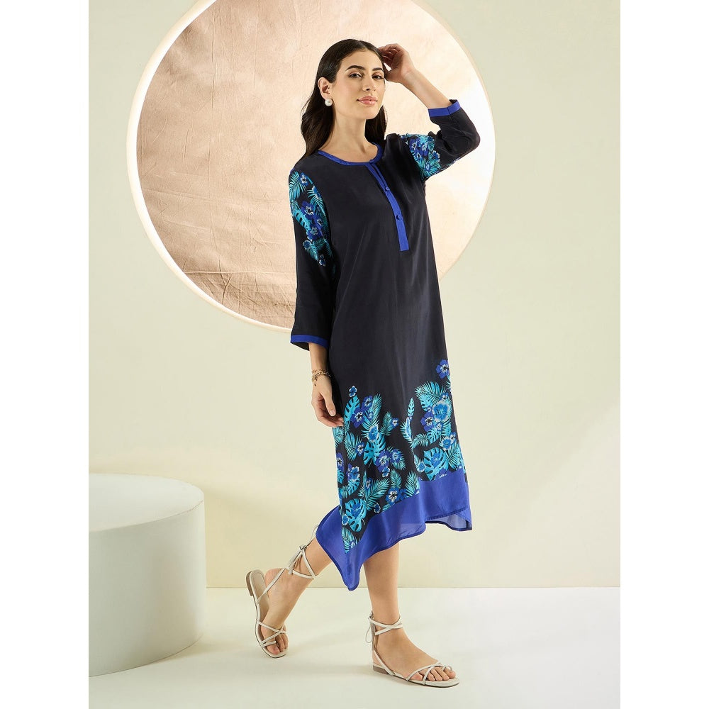 First Resort by Ramola Bachchan Black and Blue Floral Printed Slimline Kaftan Dress