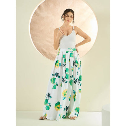 First Resort by Ramola Bachchan White And Green Floral Long Skirt