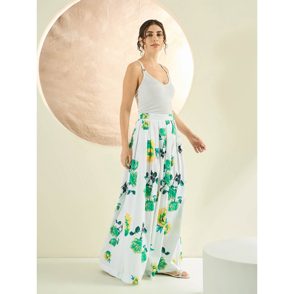 First Resort by Ramola Bachchan White And Green Floral Long Skirt