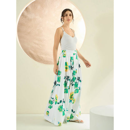 First Resort by Ramola Bachchan White And Green Floral Long Skirt