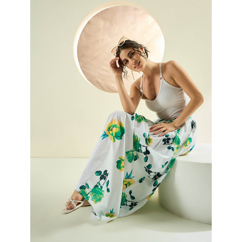 First Resort by Ramola Bachchan White And Green Floral Long Skirt