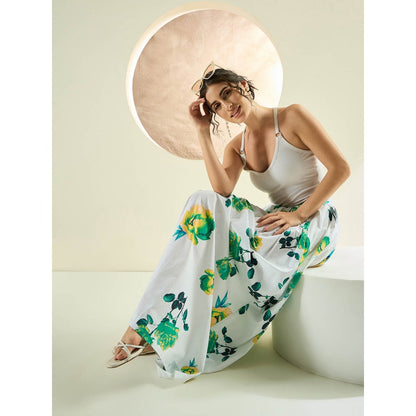 First Resort by Ramola Bachchan White And Green Floral Long Skirt