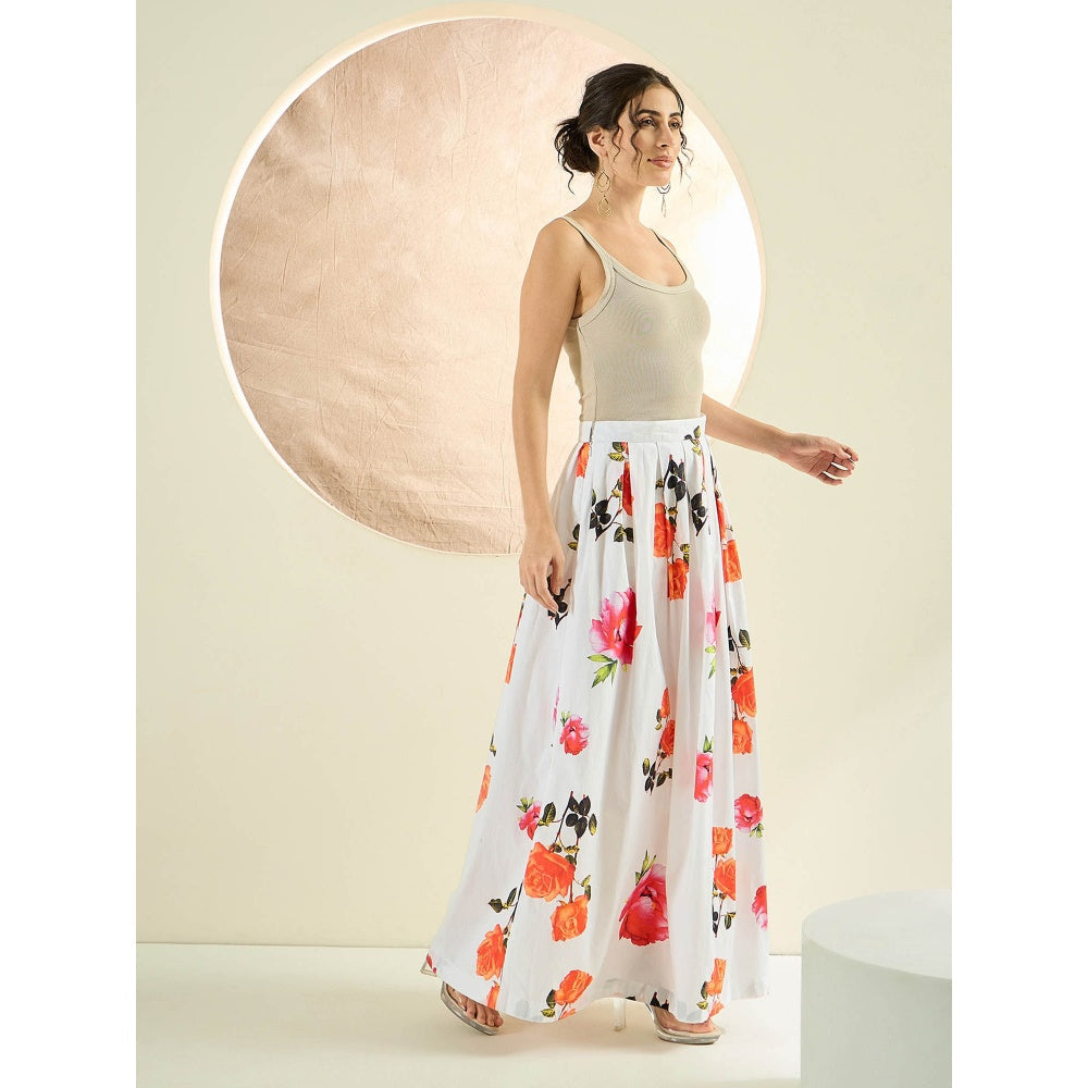 First Resort by Ramola Bachchan White And Orange Floral Long Skirt