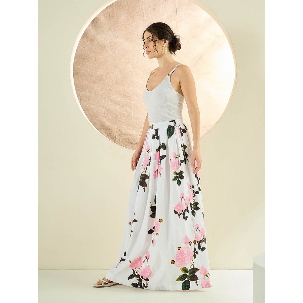 First Resort by Ramola Bachchan White And Pink Floral Long Skirt