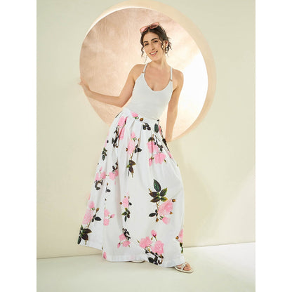 First Resort by Ramola Bachchan White And Pink Floral Long Skirt