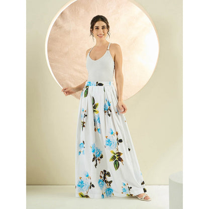First Resort by Ramola Bachchan White And Light Blue Floral Long Skirt