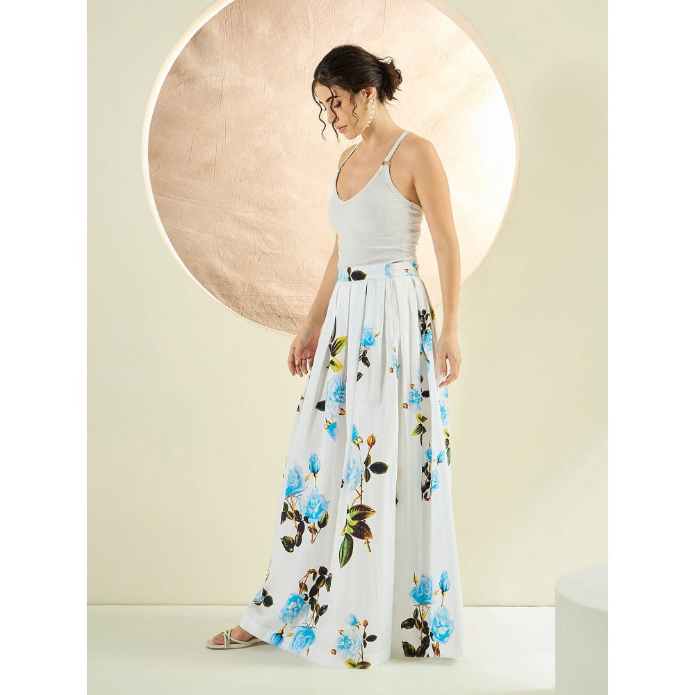 First Resort by Ramola Bachchan White And Light Blue Floral Long Skirt