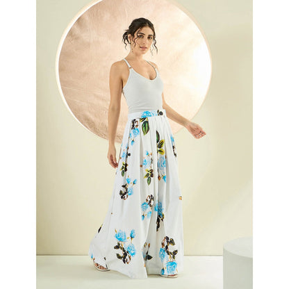 First Resort by Ramola Bachchan White And Light Blue Floral Long Skirt