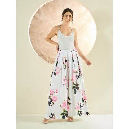 First Resort by Ramola Bachchan White And Pink Floral Wide Leg Palazzo