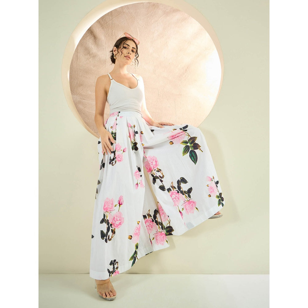 First Resort by Ramola Bachchan White And Pink Floral Wide Leg Palazzo