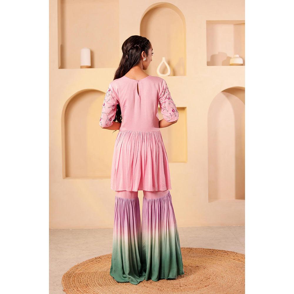 Firann By Shaheen Pink Peplum Top with Sharara and Dupatta (Set of 3)