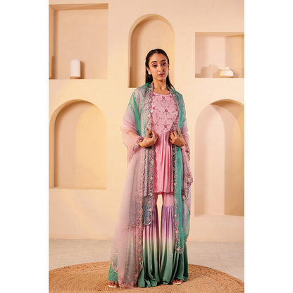 Firann By Shaheen Pink Peplum Top with Sharara and Dupatta (Set of 3)
