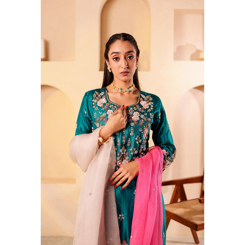 Firann By Shaheen Teal Short Kurta and Palazzo and Dupatta (Set of 3)