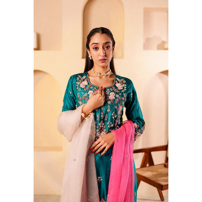 Firann By Shaheen Teal Short Kurta and Palazzo and Dupatta (Set of 3)