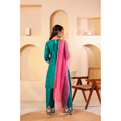 Firann By Shaheen Teal Short Kurta and Palazzo and Dupatta (Set of 3)