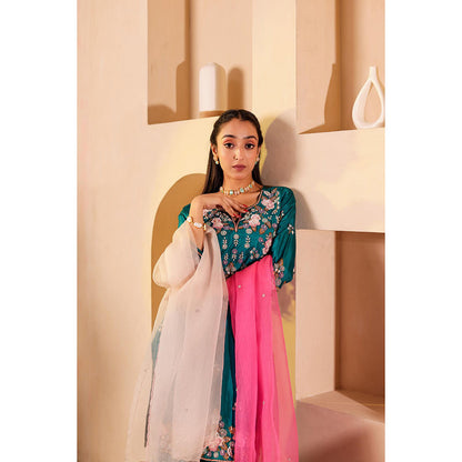 Firann By Shaheen Teal Short Kurta and Palazzo and Dupatta (Set of 3)