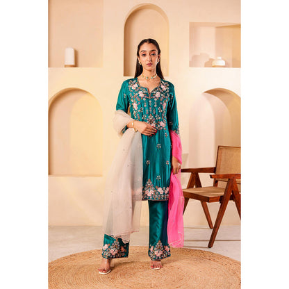 Firann By Shaheen Teal Short Kurta and Palazzo and Dupatta (Set of 3)